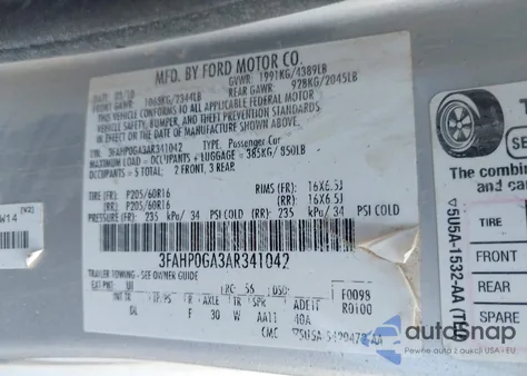 2010 Ford Fusion S from USA, damaged, VIN 3FAHP0GA3AR341042